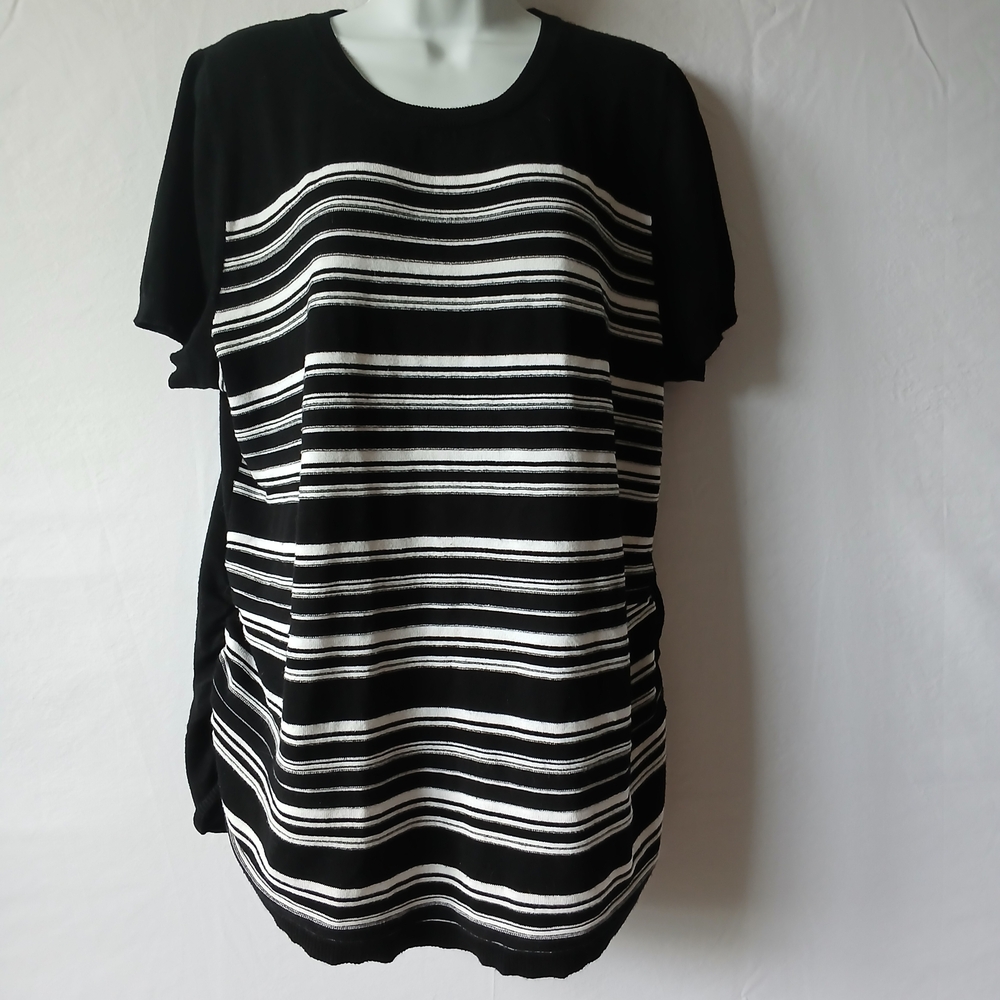 Lane Bryant Black White  Striped Top Short Sleeve Ruching Sz‎ 14 Casual Office